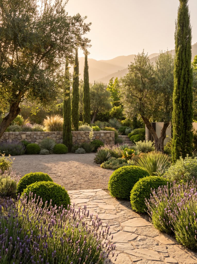 Jardin mediterraneo con piedra, boj y lavanda en el sector oriente de Santiago