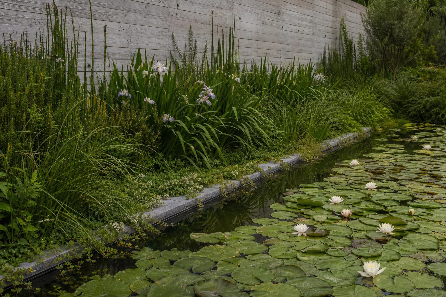 Estanque ornamental con nenúfares y plantas de orilla