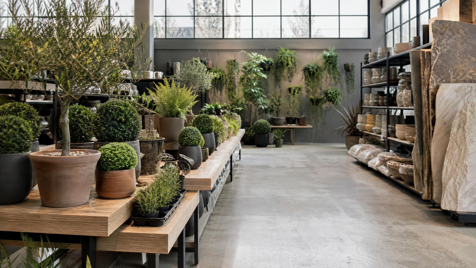 Interior de la tienda Oriente Garden con plantas, maceteros y piedra natural